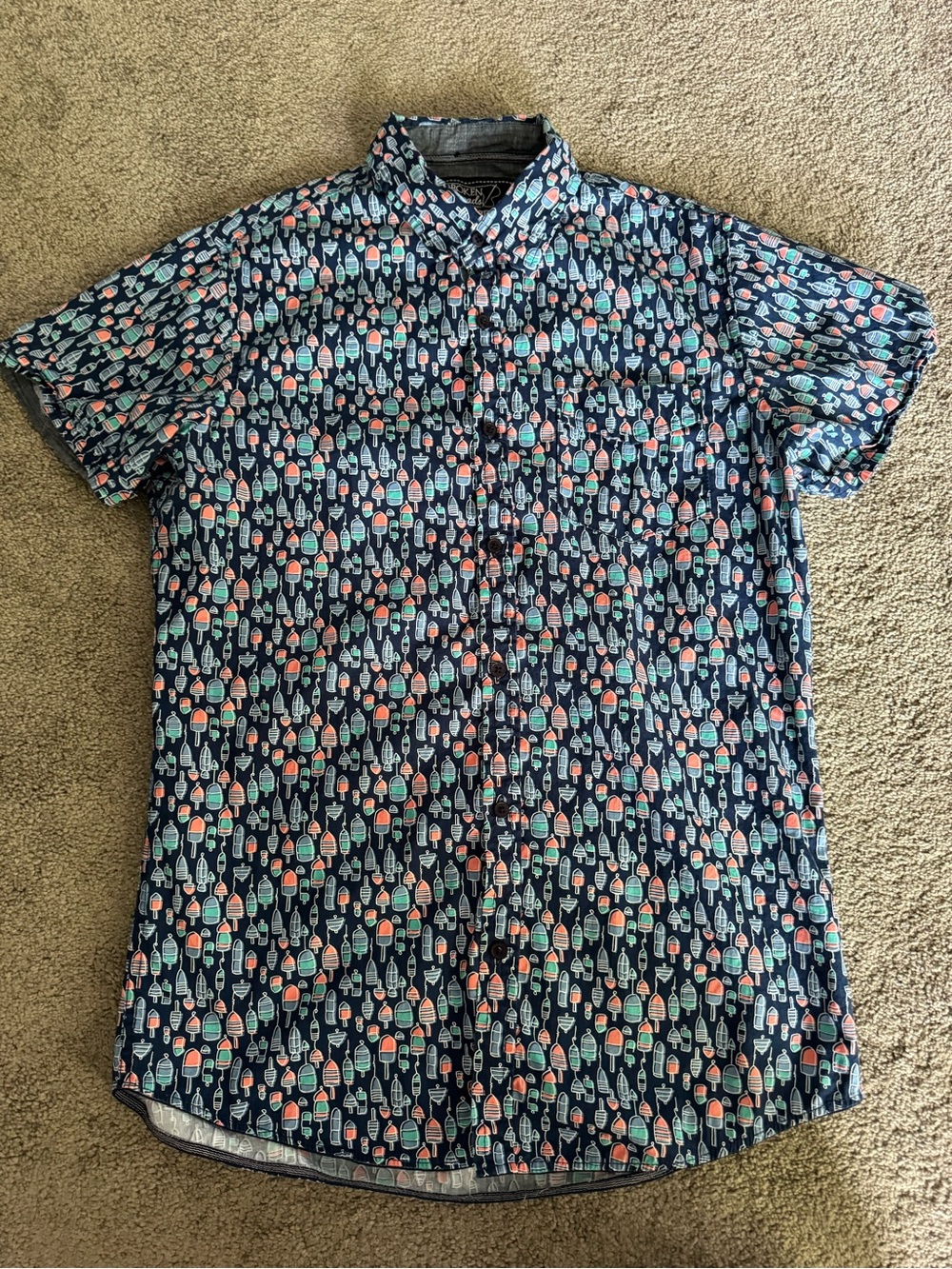 Men's Short-Sleeve Navy Button-Down Shirt with Colorful Popsicle Print